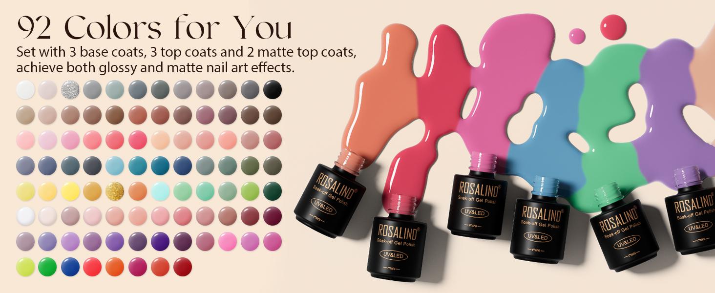 ROSALIND Colorful Gel Polish Mini 65/80/100PCS Gel Nail Polish Set Semi Permanent Requires UV Lamp with Base and Glossy Matte Top Coat Starter Gel Nail Set Suitable for All Seasons Gift for Women Salon Design