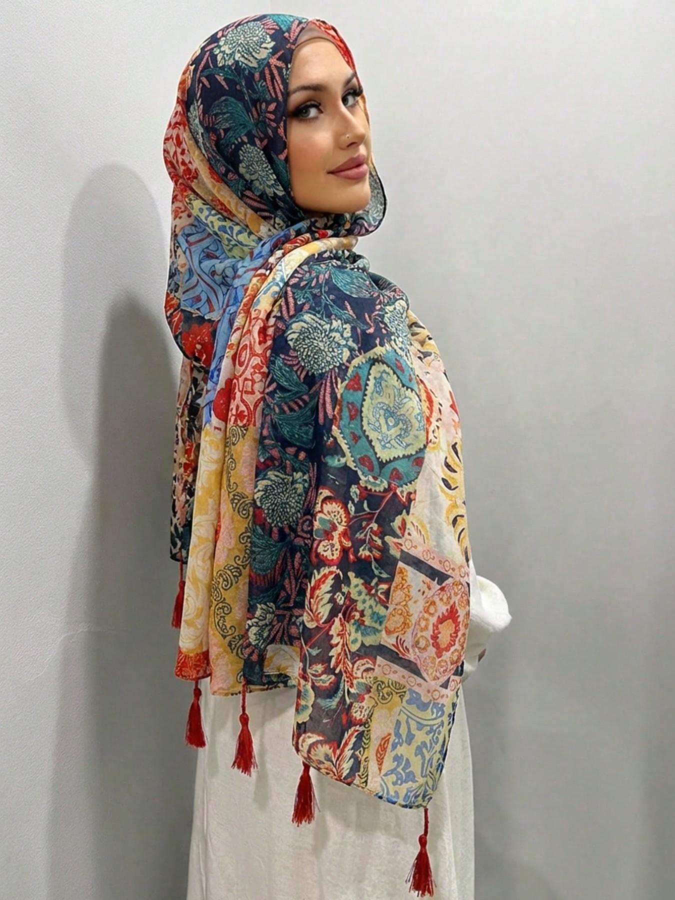 Women's Boho Peach Blossom Headscarf, Sun Protection Multicolor Scarf, Elegant Multi-Functional Shawl, Daily Wear, Pair with Robe or Dress