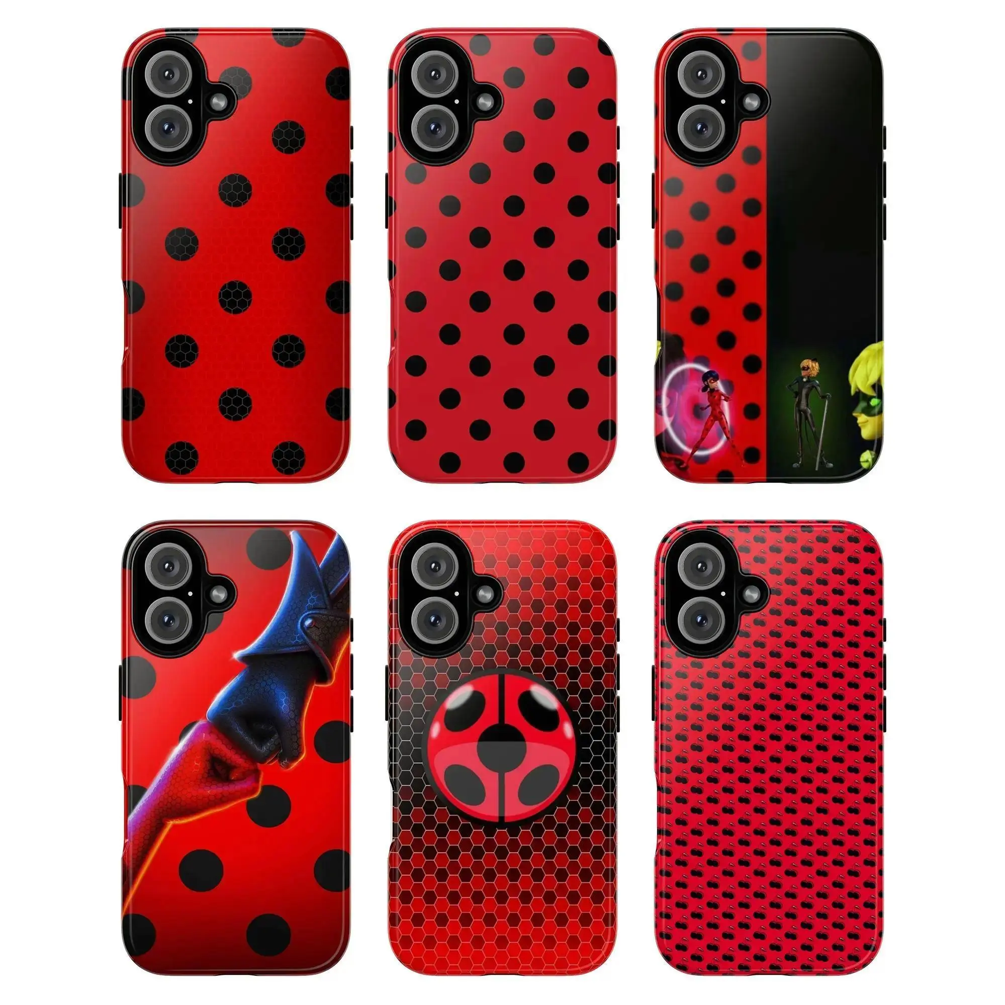 Miraculous: Ladybug & Cat Noir Themed Phone Case, Red-Black Polka-Dot Mobile Phone Accessories, Shockproof Wireless Protection for iPhone 11-17 Pro Max/Plus & Samsung Galaxy S23-Series