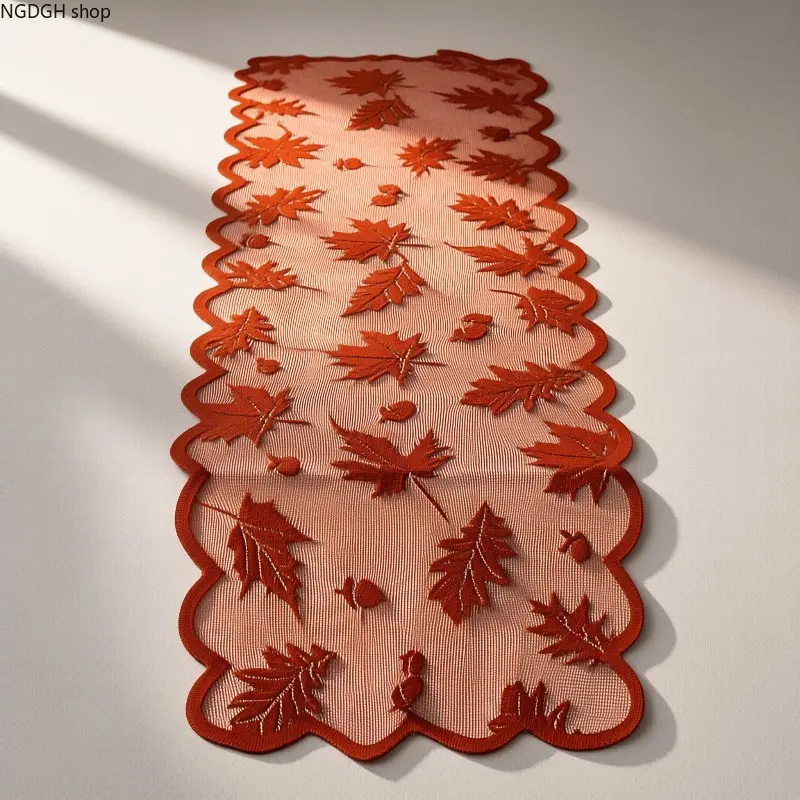 Fall Maple Leaf Embroidered Table Runner with Scalloped Edge, Orange Autumn Harvest Table Decor for Thanksgiving, Rustic Farmhouse Dining Runner, Elegant Holiday Home Decoration, Perfect for Party & Daily Use.