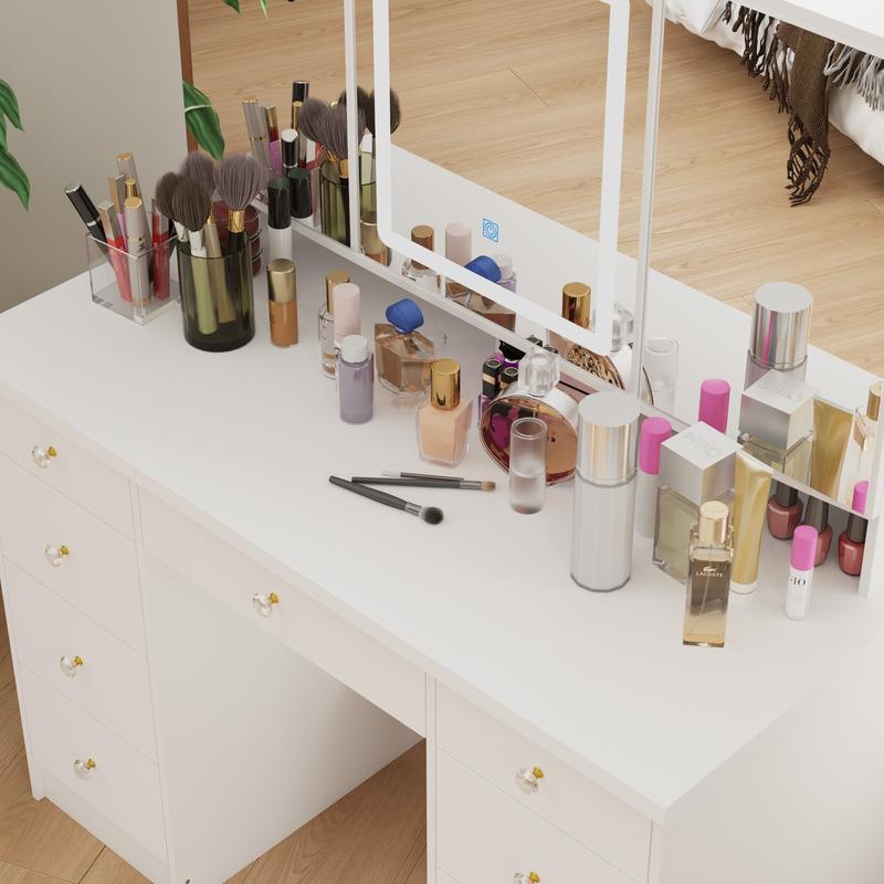 FUFUGAGA-43.3"W Vanity Desk With 9 Drawers, Makeup Desk With 3-Mirror And Touch Screen Light, Dressing Makeup Table For Bedroom