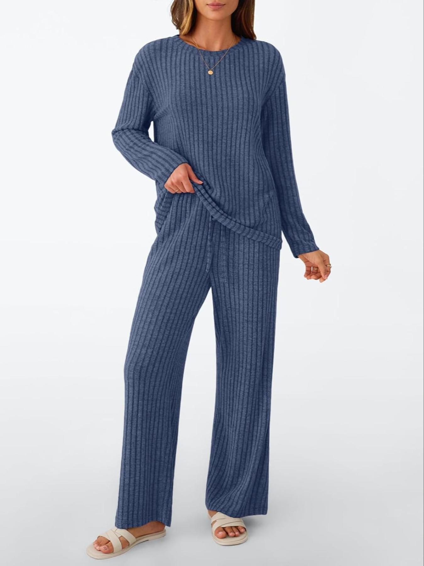 Womens Lounge Sets 2 Piece Matching Pajamas Fall Fashion 2025 Ribbed Knit Outfits Long Sleeve Casual Sweatsuits