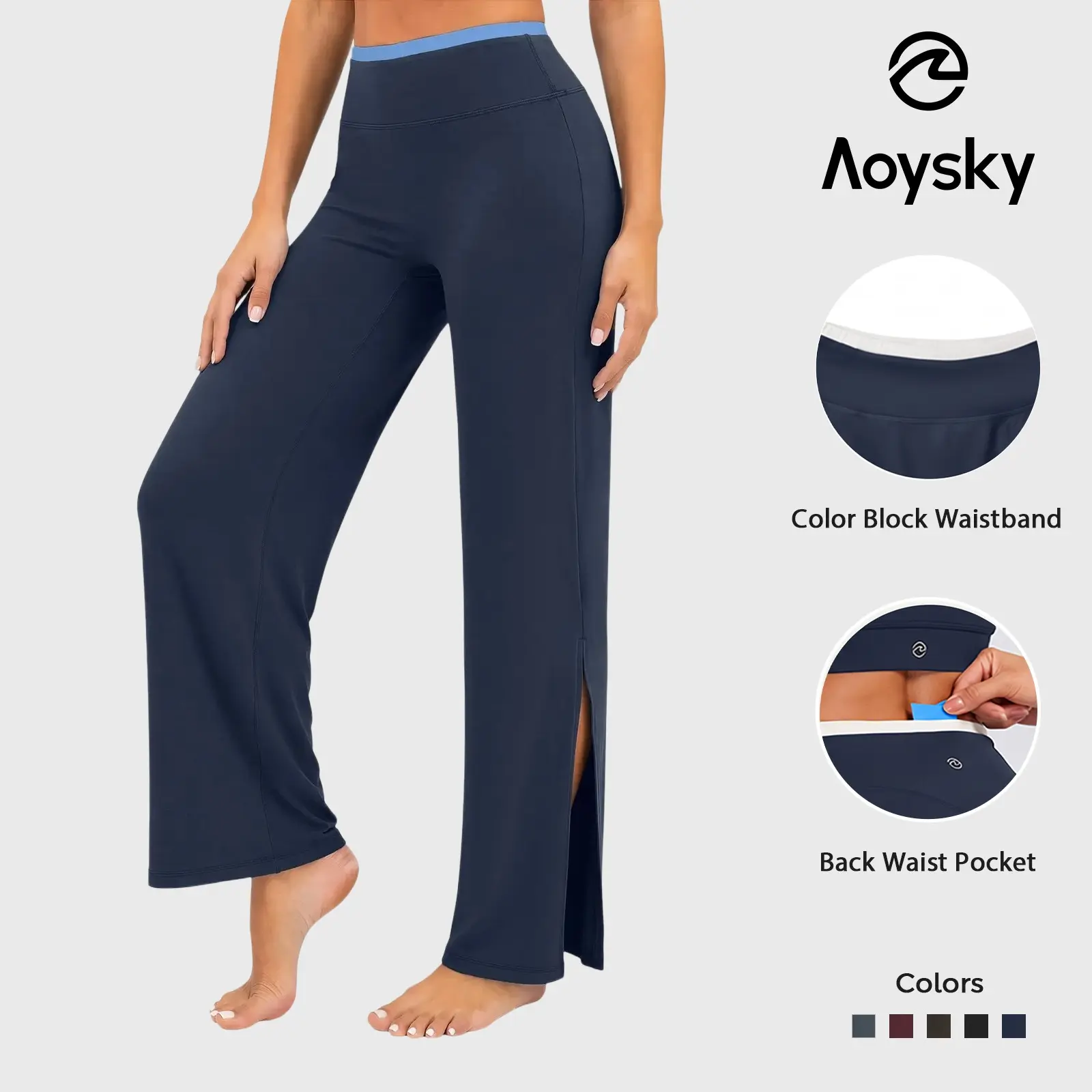 Aoysky Womens Wide Leg Yoga Pants High Waisted No Front Seam Side Split Casual Workout Pants With Pocket