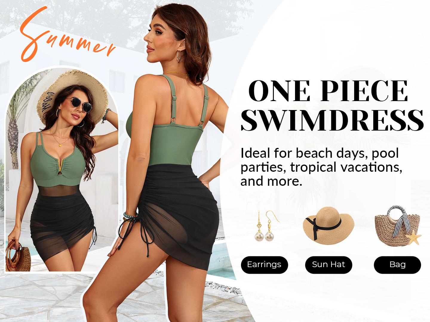 Yonique Womens Swim Dress One Piece - Swimsuit with Skirt Tummy Control Bathing Suit Mesh V-Wire Cutout Swimwear 2026