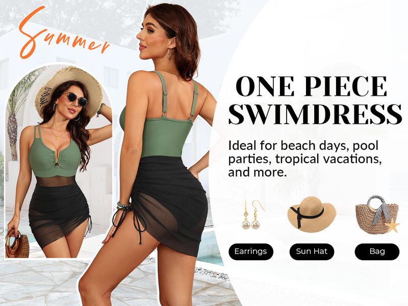 Yonique Womens Swim Dress One Piece - Swimsuit with Skirt Tummy Control Bathing Suit Mesh V-Wire Cutout Swimwear 2026