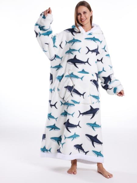 Women's Skull Print Bathrobe, Thick Casual Loungewear with Pockets, Halloween Theme, Fall & Winter, Loose-Fit TV Blanket, Flannel Cozy Blanket