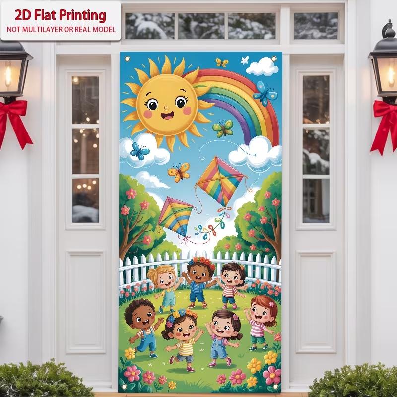 2D Flat Happy Kids Spring Summer Door Banner, Cartoon Sun Rainbow Kite Garden Backdrop, Kids Birthday Party Classroom Decor