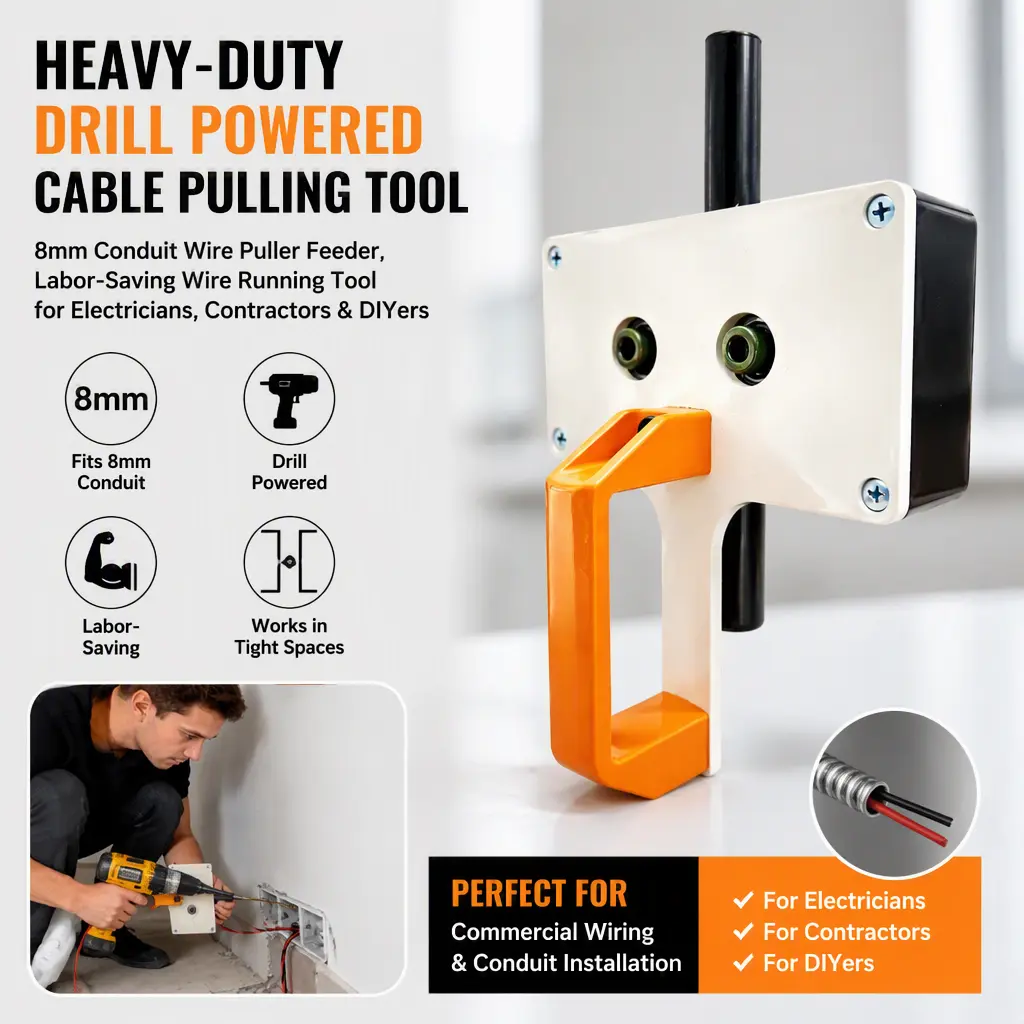 Heavy-Duty Drill Powered Cable Pulling Tool, 8mm Conduit Wire Puller Feeder, Labor-Saving Wire Running Tool for Electricians, Contractors & DIYers, Works Perfectly in Tight Spaces for Commercial Wiring & Conduit Installation