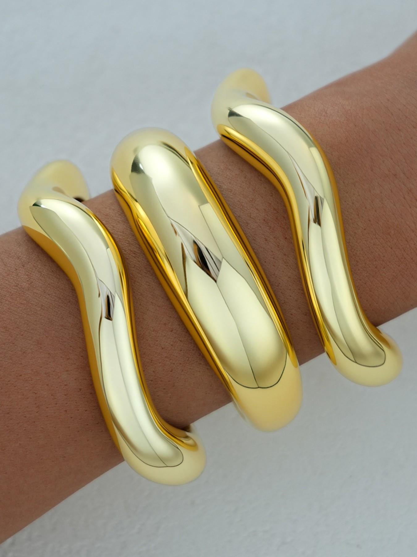 3-Piece Vintage Elegant Fashion Casual Minimalist Wide Wave Arc Ccb Resin Lightweight Open Bangle Set for Women, Perfect for Daily Wear, Parties, Weddings