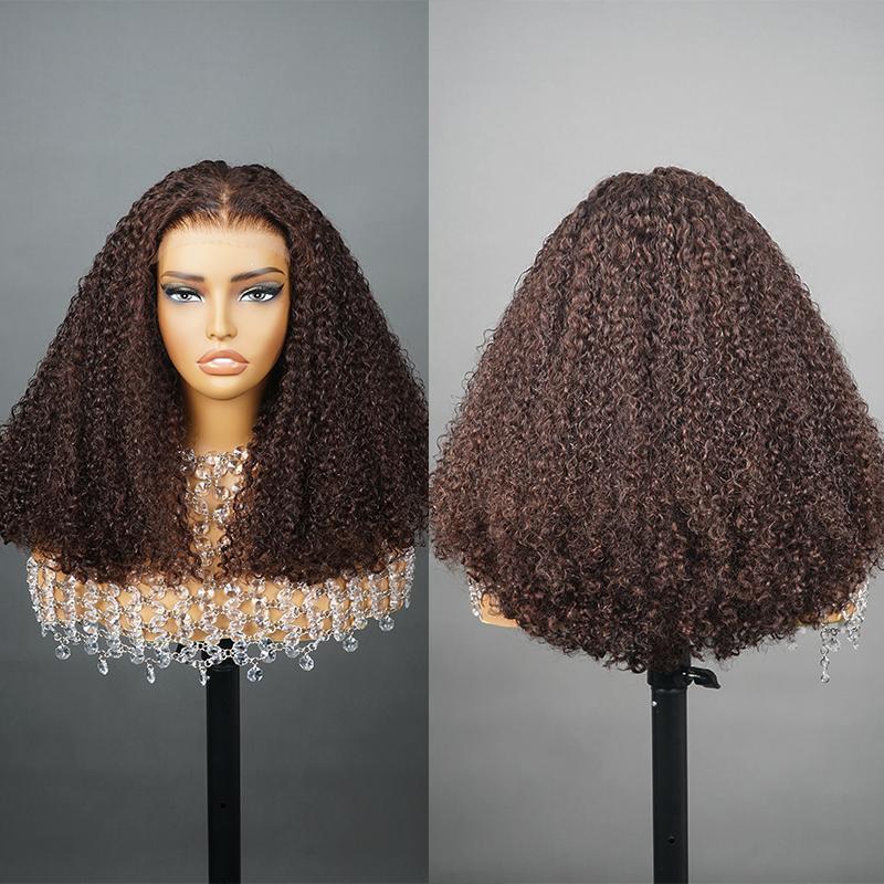 BangJazz Brown Short Kinky Curly Ready To Wear Glueless Wigs Pre Cut Lace Bleachde Konts Closure Wigs Human Hair Wig Lace Front Wigs Pre Plucked For Women