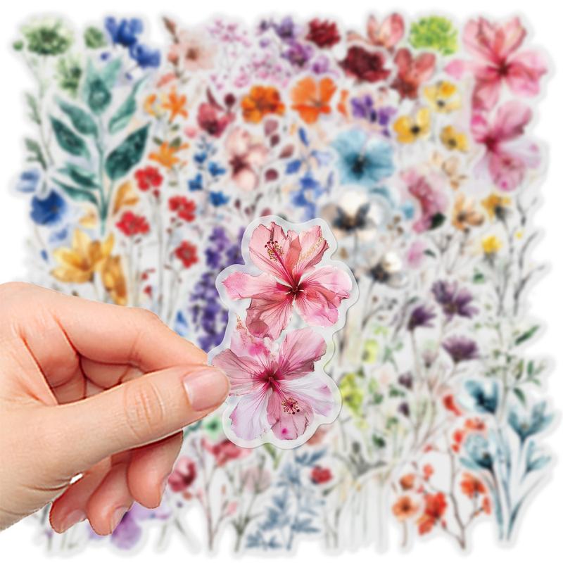 50 Watercolor Floral Transparent PET Stickers - Suitable for Waterproof Decorative DIY Stickers for Suitcases, Phone Cases, Laptops, Helmets, Skateboards