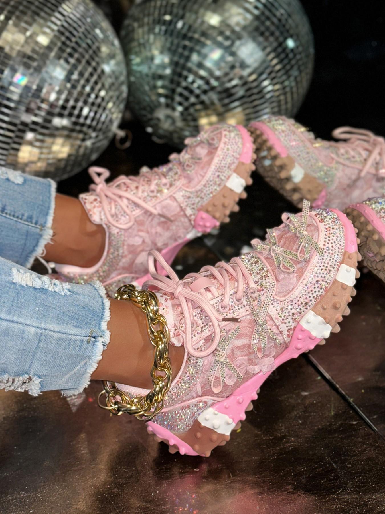 Sweet Cool Girl Style Rhinestone Lace Rose Bow Dad Shoes, Thick Rubber Sole Height Boost Slimming Anti-Slip Casual Streetwear Sports Shoes