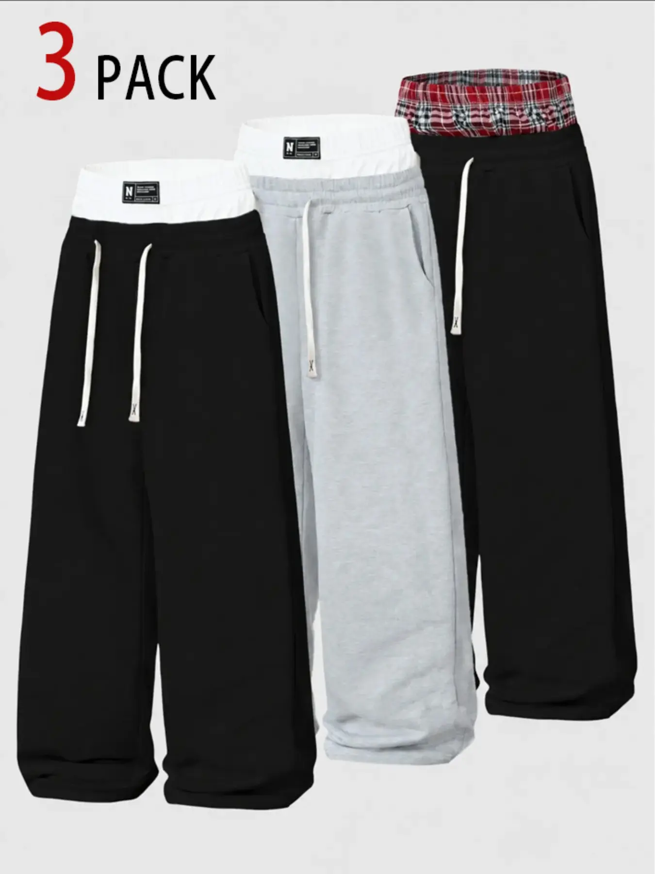 Women 3 Pack or 1 Pack Wide Leg Sweatpants, Waist Patchwork Drawstring Baggy Pants, Plaid Contrast High Waist Casual Trousers, TikTok Viral Y2K Streetwear Loose Fit Joggers with Pockets, 2026 New Trendy Lounge Pants for Daily Street Wear