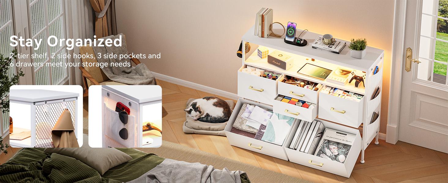 Bedroom Dresser TV Stand with LED Lights & Charging Station, 6 Fabric Drawers with Side Pockets, Wide Storage Dresser for Bedroom, Living Room, or Closet, Modern Media Console for TVs up to 43" Cupboard Furniture