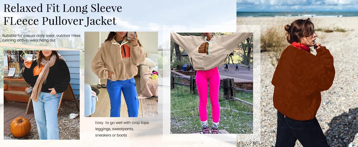 Tanming Womens Cropped Sherpa Fleece Pullover Zip Up Jacket with Pockets Soft Fuzzy Lightweight Warm Coat Outerwear Womenswear Baggy Long Sleeve