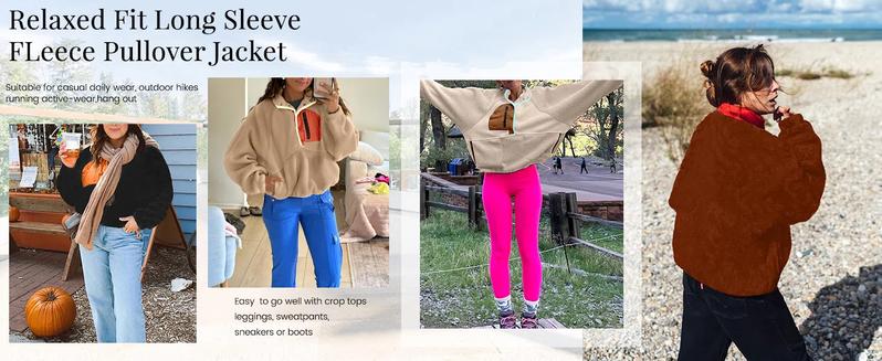 Tanming Womens Cropped Sherpa Fleece Pullover Zip Up Jacket with Pockets Soft Fuzzy Lightweight Warm Coat Outerwear Womenswear Baggy Long Sleeve