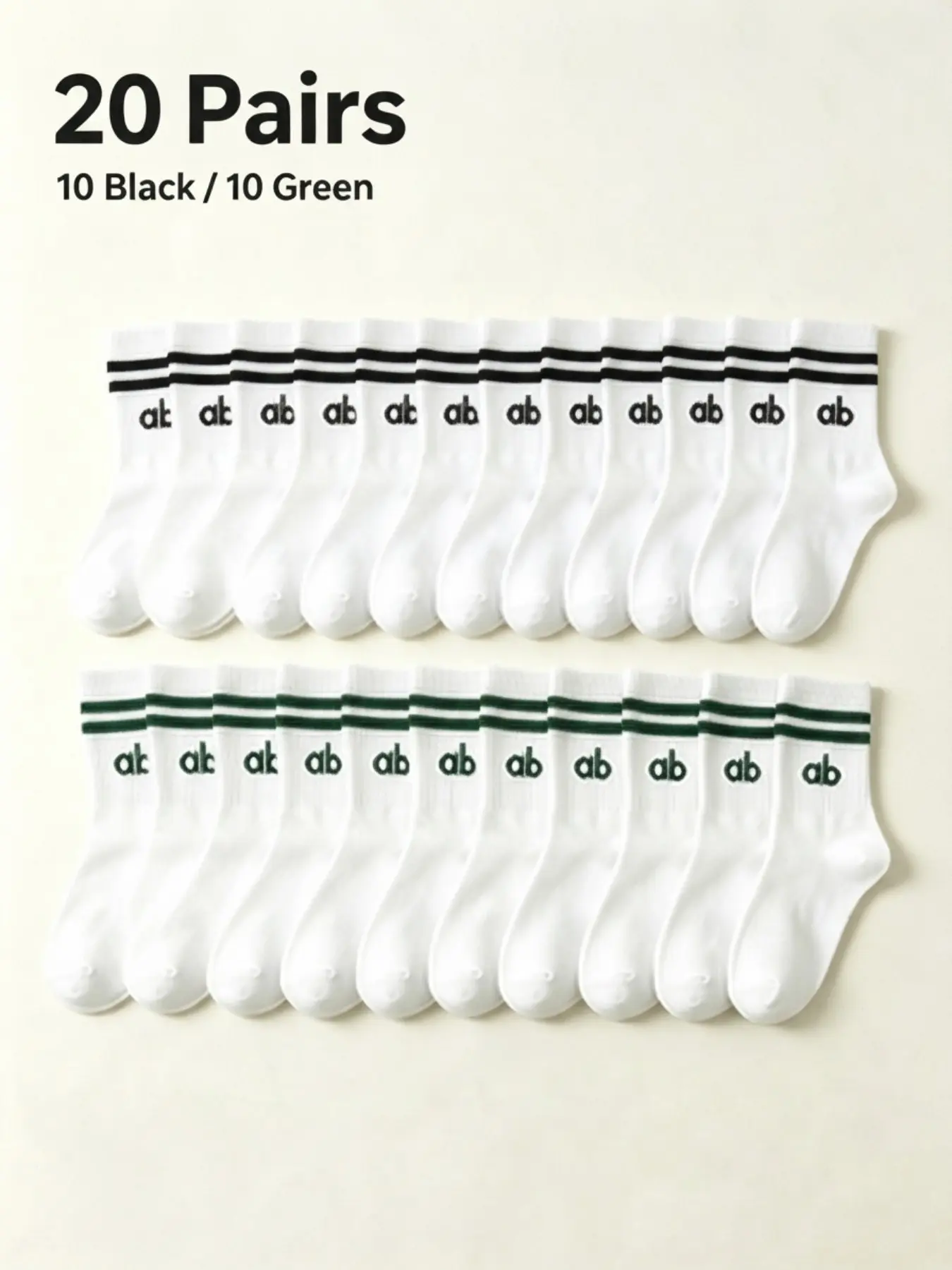 20 Pairs Striped Crew Socks, AB Letter Embroidery Mid Calf Socks, Preppy Casual Sport Socks for Women Daily Wear