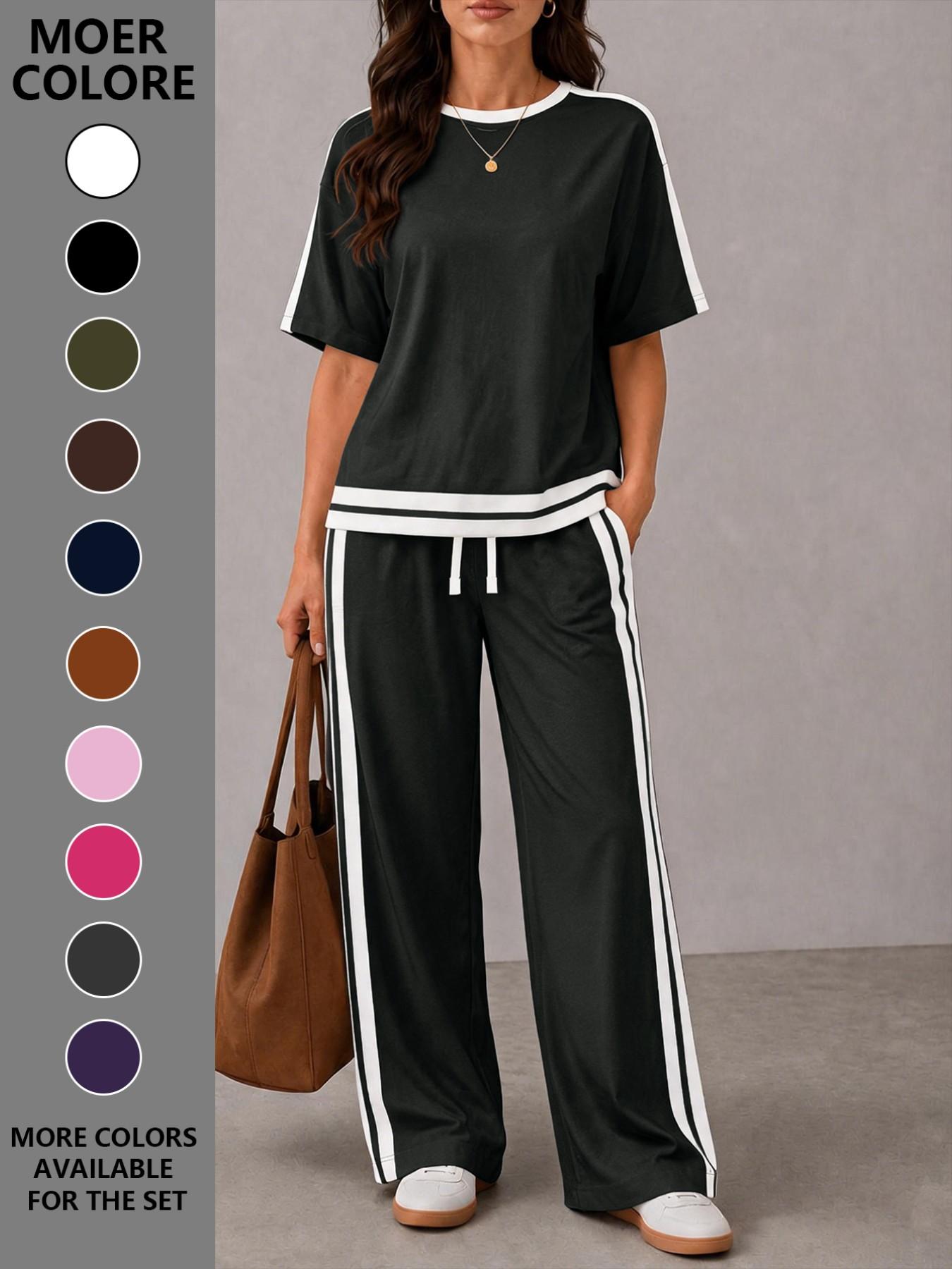 Women's Casual Sportswear Set, Plain Round Neck Short Sleeve T-Shirt and Striped Pants, Spring Summer Two-Piece, All Seasons, Loose Casual Athleisure