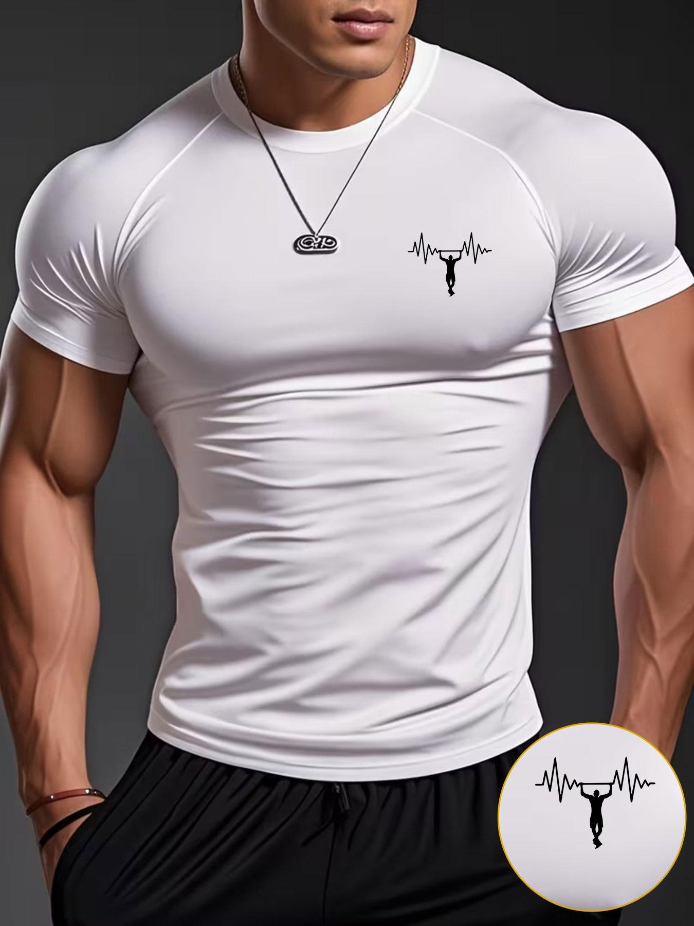 Men's White Short Sleeve Fitness T-shirt with Heartbeat Pull-up Print