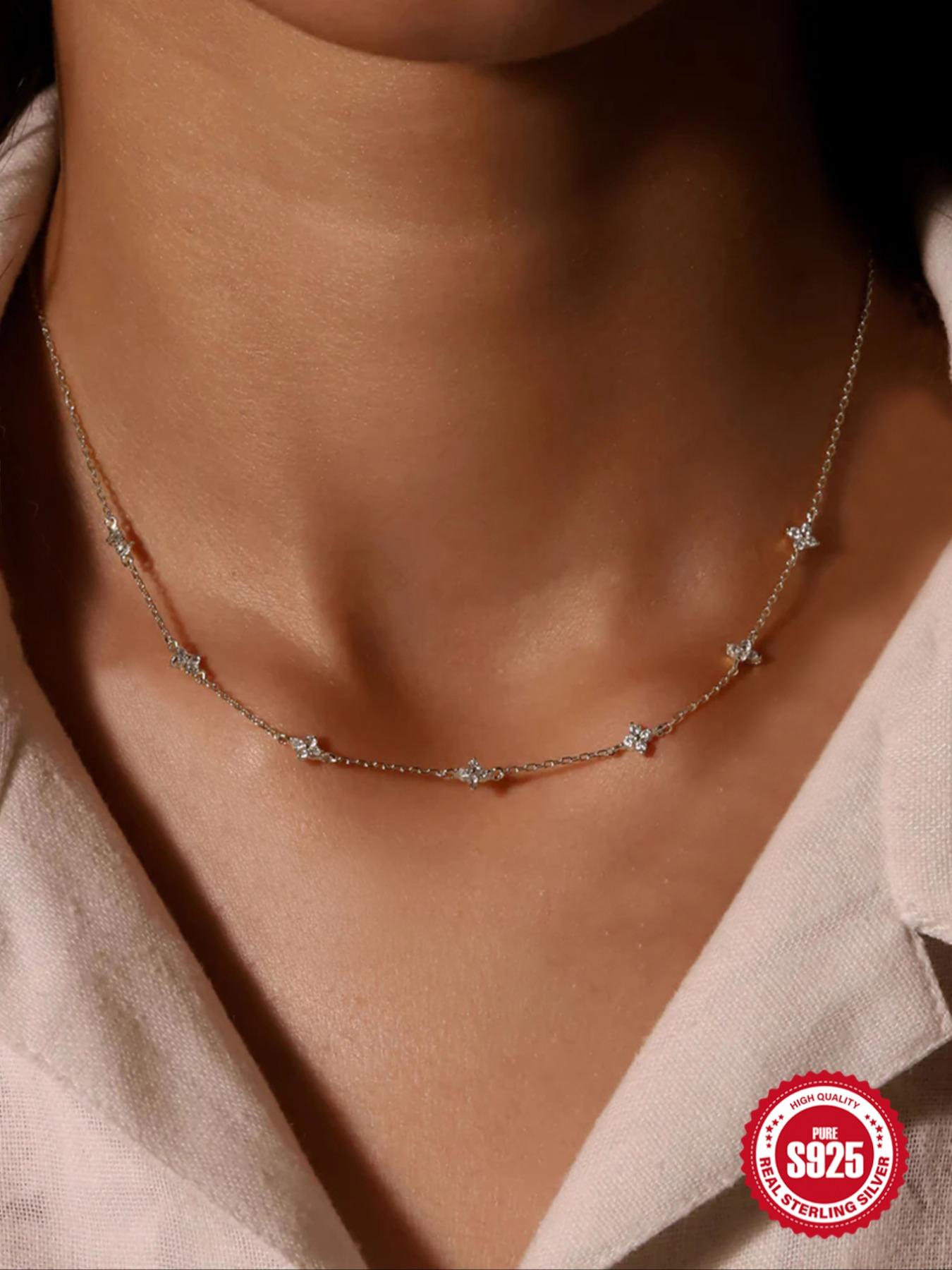 S925 Sterling Silver Fashion Flower Design Artificial Zircon Decor Necklace, Elegant Jewelry for Women for Party, Daily Decor, Trendy All-match & Exquisite Jewelry for Birthday Gift, Cubic Zirconia Pendant