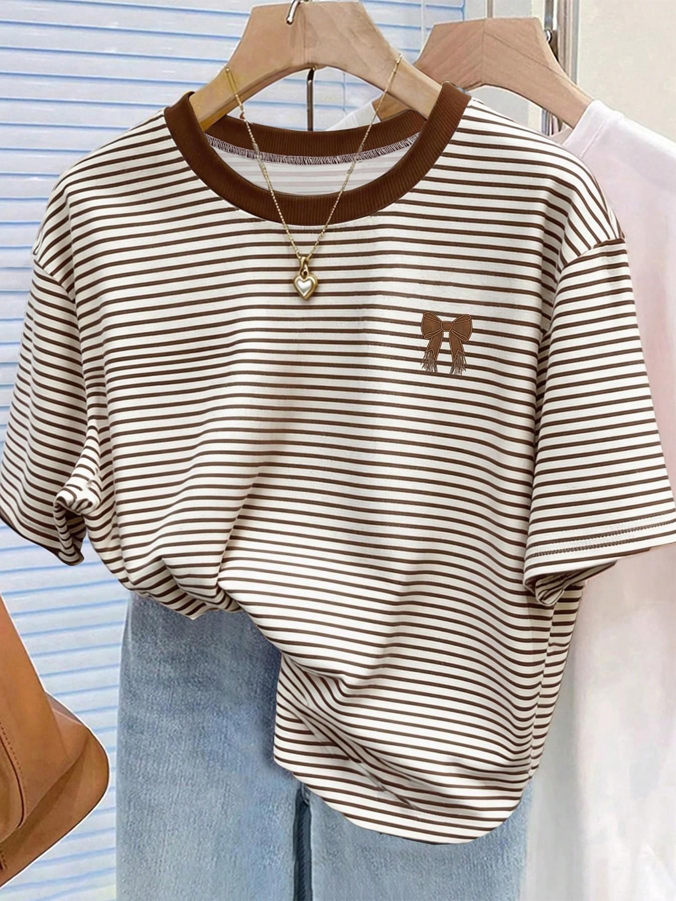 Women's Striped Digital Print T-Shirt, Butterfly Knot Round Neck, Casual Loose-Fitting Top, Daily Wear, Summer, Plain Surface, Unlined, Everyday