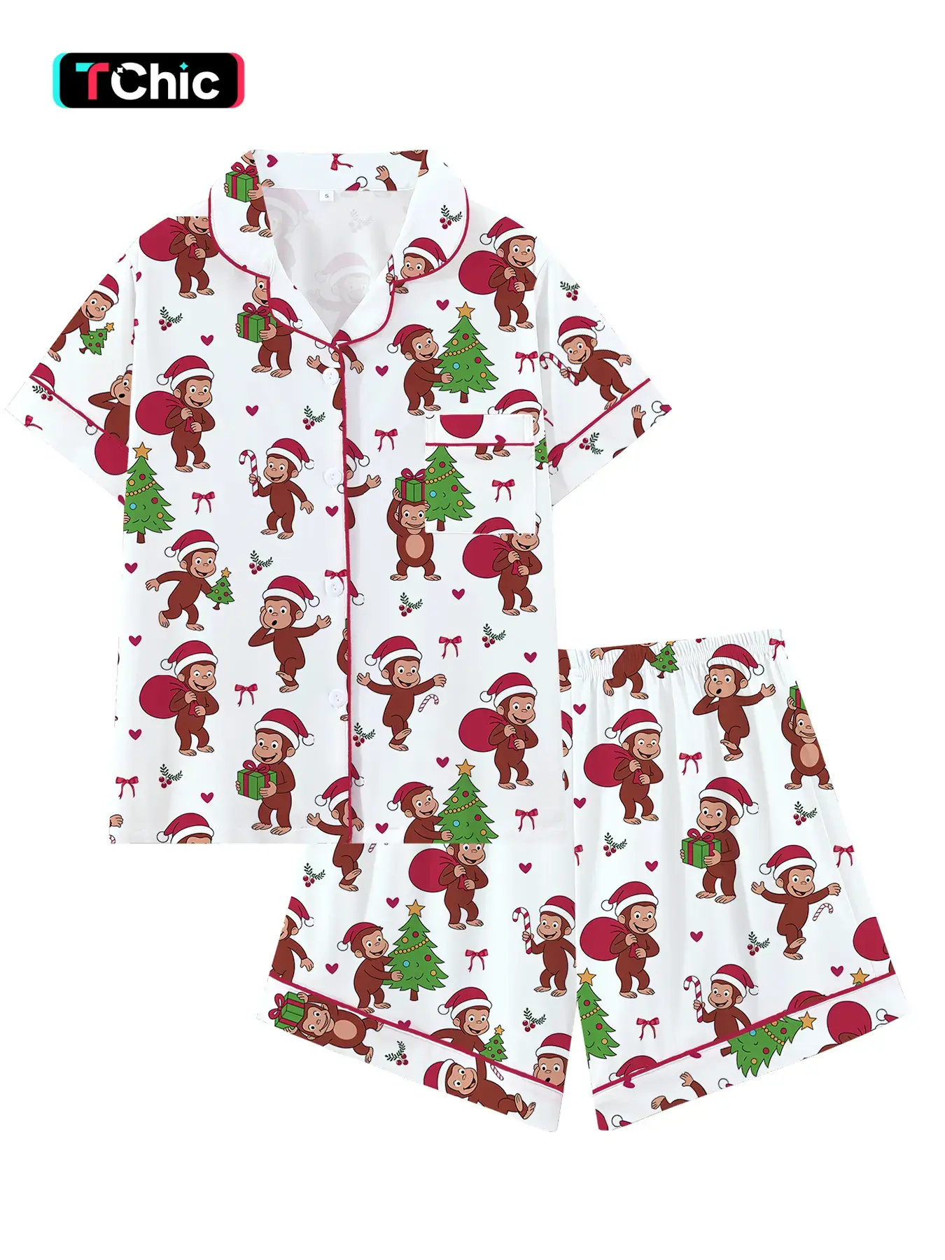 Teen Girls Cute Monkey Bow Collar Short Sleeve Pajama Set, Collared Pajama Set, Cartoon Print Pajama, Cartoon Pattern Pajamas, Comfortable Sleepwear, Christmas Gift, Loose-Fitting, All Seasons