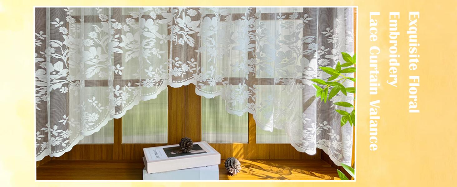 1pc Arched Sheer Curtain - White Lace Floral Print Embroidery Rod Pocket Top, for Doorways/Windows, 63in W x 39in L, One-Piece