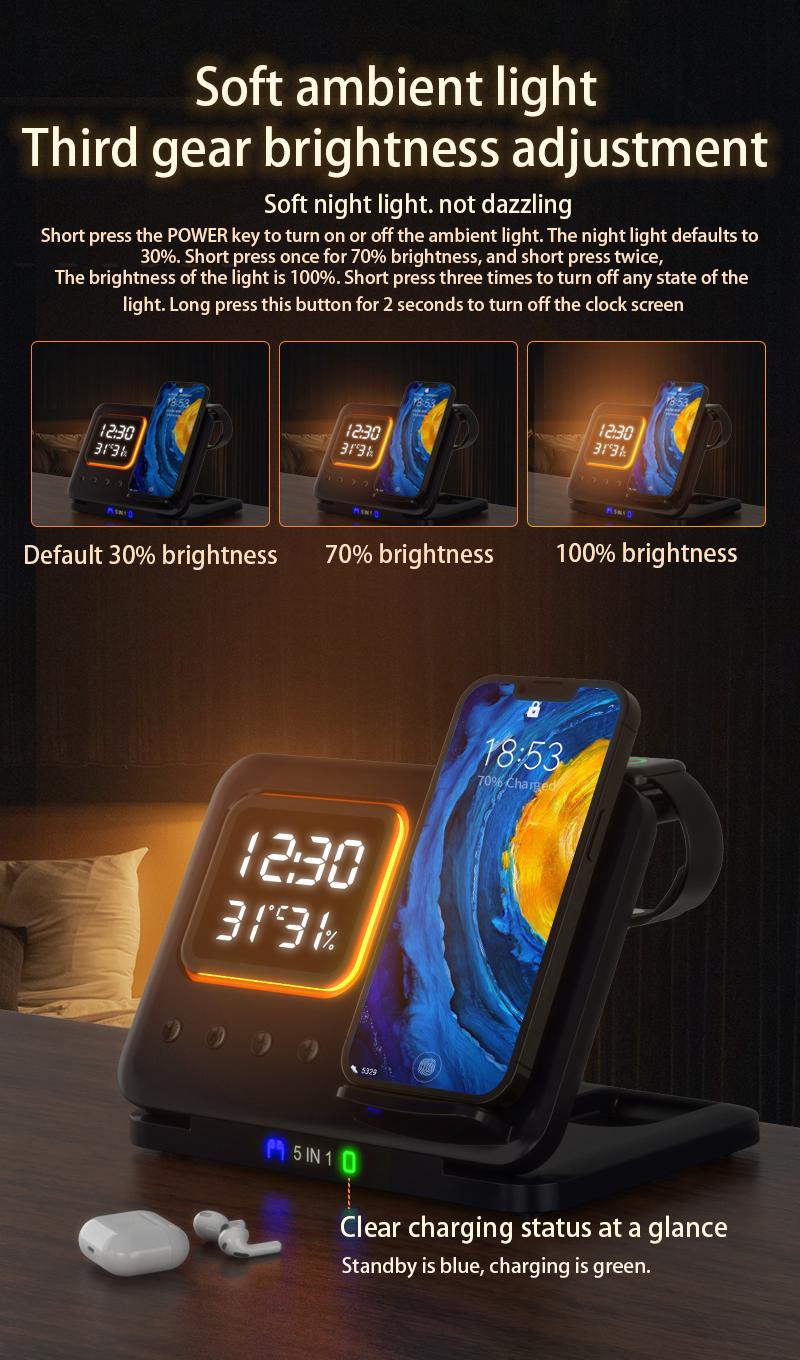 Wireless charger with three in one and three levels dimming  multifunctional clock and night light  foldable for use with Apple phone watch stand and base