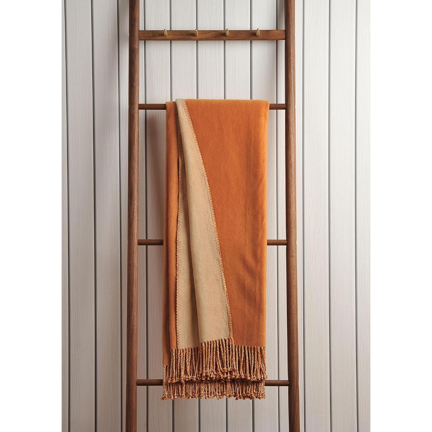 Reversible Fringed Mulberry Silk Throw Blanket for Sofa (Caramel/Beige)