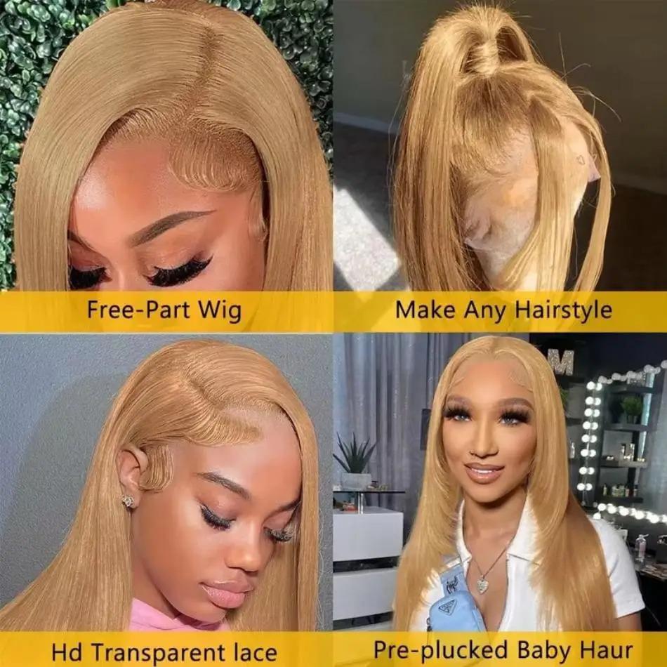 210% Density #27 Honey Blonde Straight Lace Front Wigs Pre plucked 13X6 HD Lace Frontal Human Hair Wigs For Women Natural Hairline