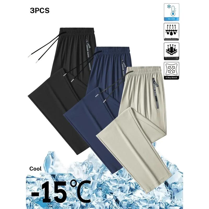 Men's Plus-Size 3-Piece Drawstring Joggers Set, Sporty Chic Solid Colors Ice Silk Outfit with Pockets, 82.1% Polyester 17.9% Spandex Polyester Blend, Lightweight Breathable Quick-Dry Machine-Washable Summer Sports Clothing