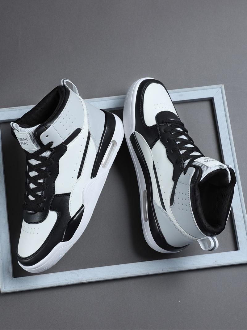 High Top Men's Stylish Basketball Shoes, Casual, Comfortable Breathable Lace-Up, Air Cushion Sole, Patchwork Design, PU Leather, All Seasons
