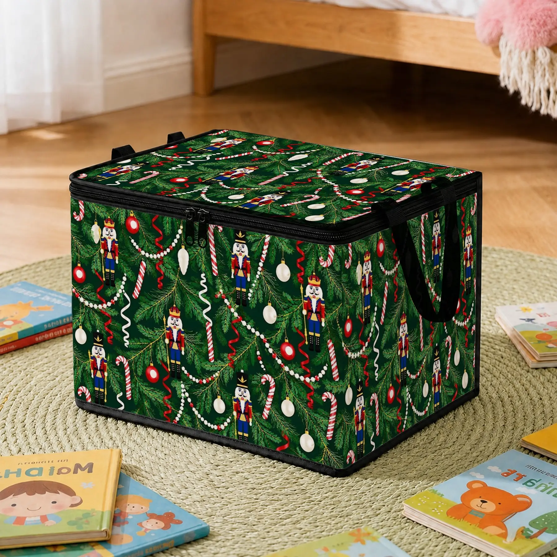 1pc Christmas Nutcracker Candy Cane Tree Ornament Print Fabric Storage Bin with Zipper Flip Lid, Sturdy Zipper, Portable Foldable Design, for Office, Living Room, Closet, Laundry Room, Car Trunk, Ideal Storage for Seasonal Clothes & Sundries