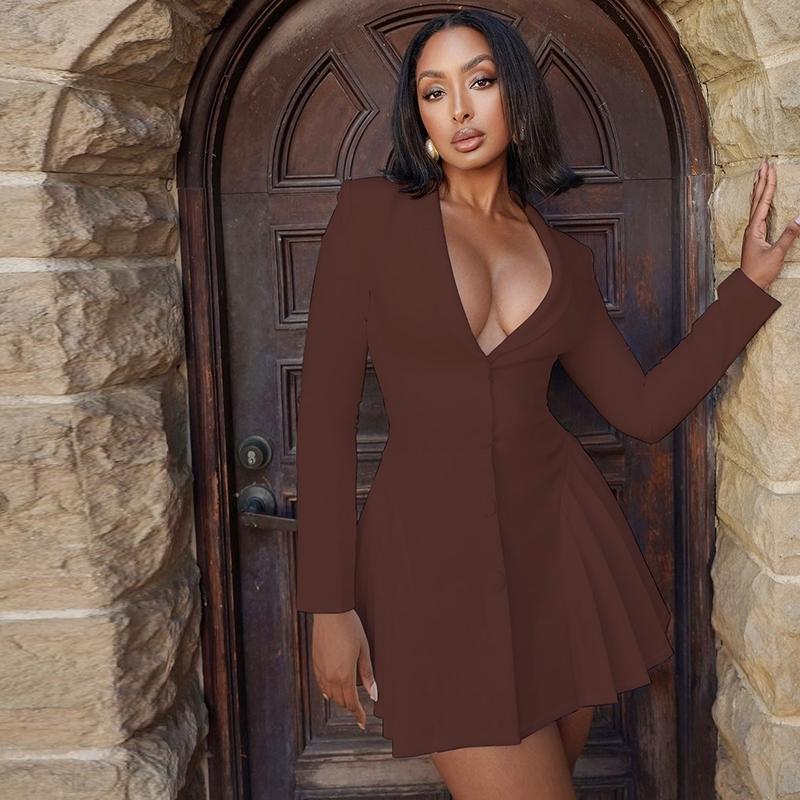 Women's Solid Deep V-Neck Pleated A-Line Dress, Elegant Button Front Long Sleeve Short Dress for Spring & Fall, Women's Clothing for Daily Wear