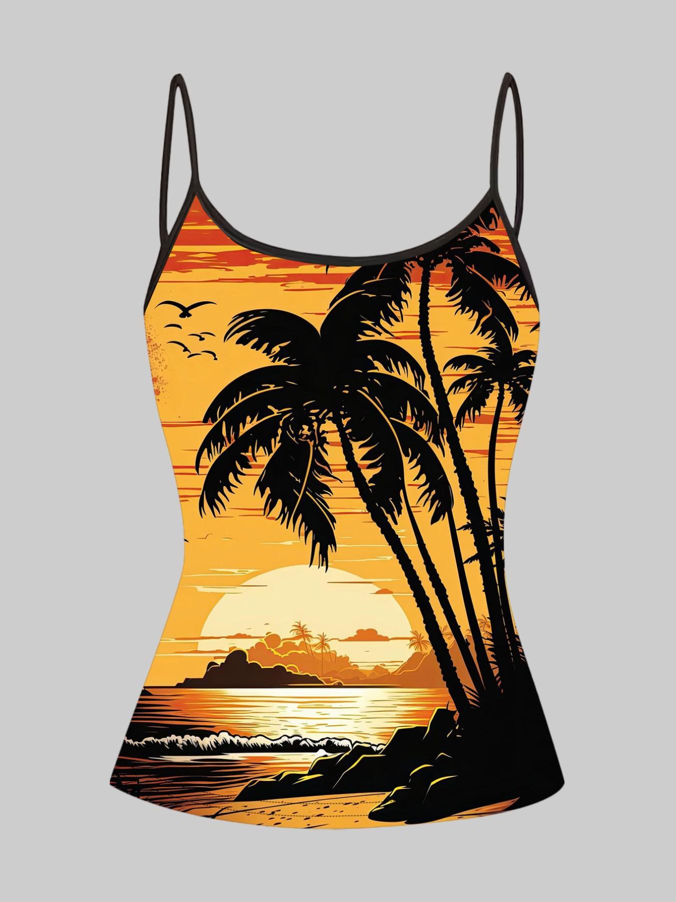Beach Sunset Palm Tree Print Straps, Summer Home Sleepwear Outer Wear, Unique Slim Fit Top Set of Four Pieces