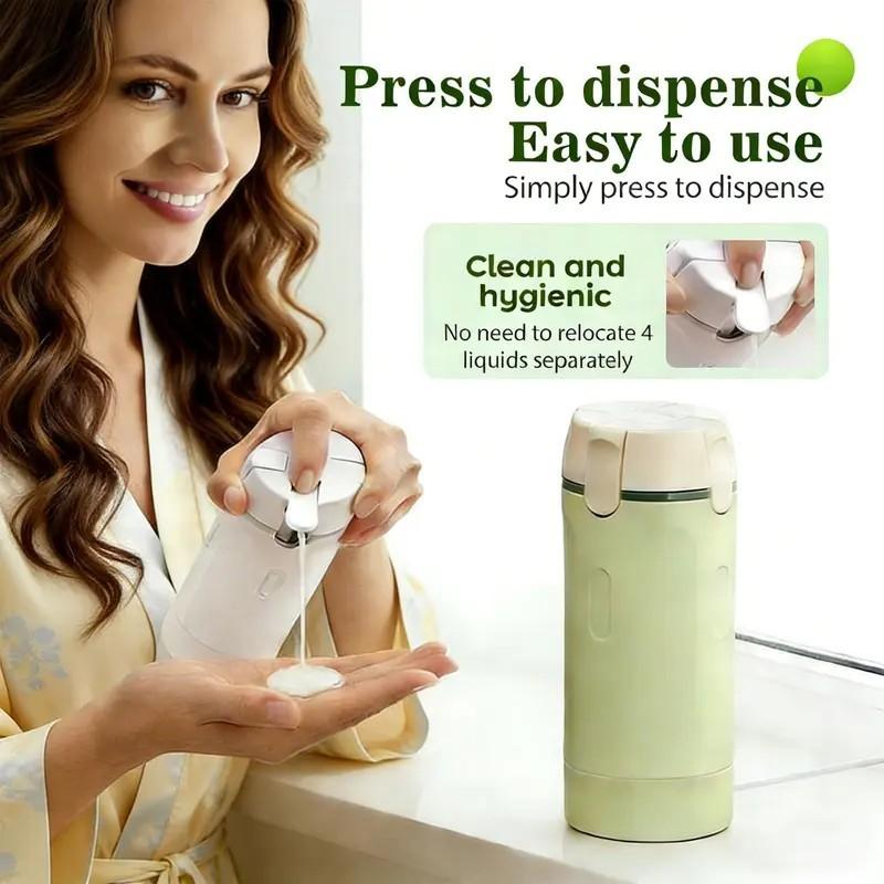 Four-In-One Travel Dispenser Bottle, Portable Cosmetic Shampoo Lotion Container, Compact Plastic Holder, Easy-Press Smooth Dispensing