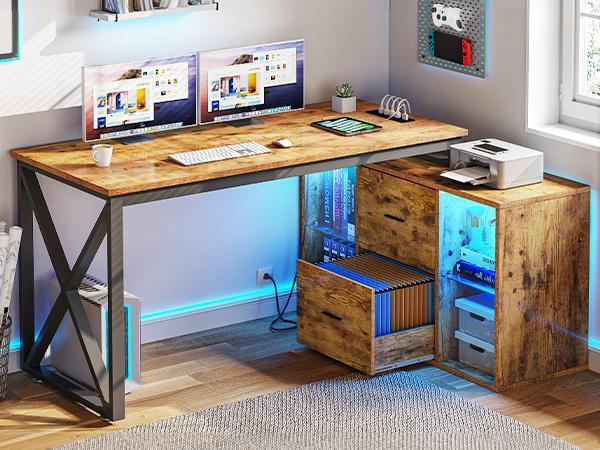 DWVO L Shaped Desk with Power Outlets & File Cabinet, 55" Reversible Corner Computer Desk with Drawers & LED Lights, L-Shaped Desk with 4 Glass Open Storage Shelves DWVO L Shaped Desk with Power Outlets & File Cabinet, 55" Reversible Corner Computer Desk with Drawers & LED Lights, L-Shaped Desk with 4 Glass Open Storage Shelves