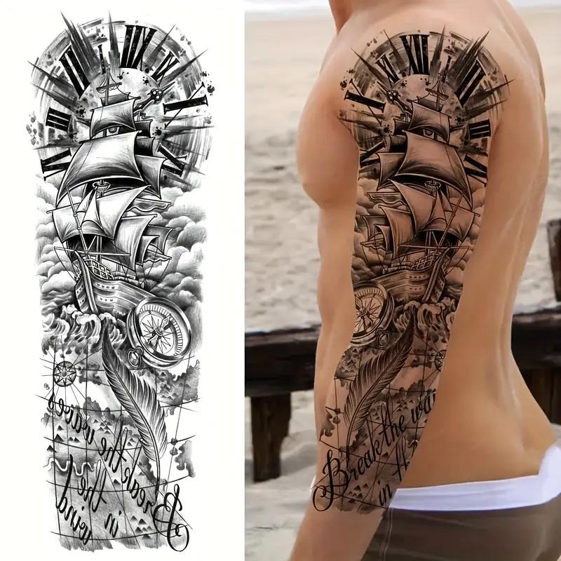 8 Sheets Full Arm Temporary Tattoo Stickers, Lion Tiger Wolf Skull Rose Watch Goddess Ship Pirate Compass Design, Waterproof Realistic Body Art, Sticker Tattoos
