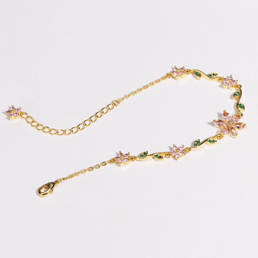 Luxury Pink Zircon Flower Bracelet For Women Girls Sweet Gold Color Crystal Adjustable Bracelet Jewelry Gift