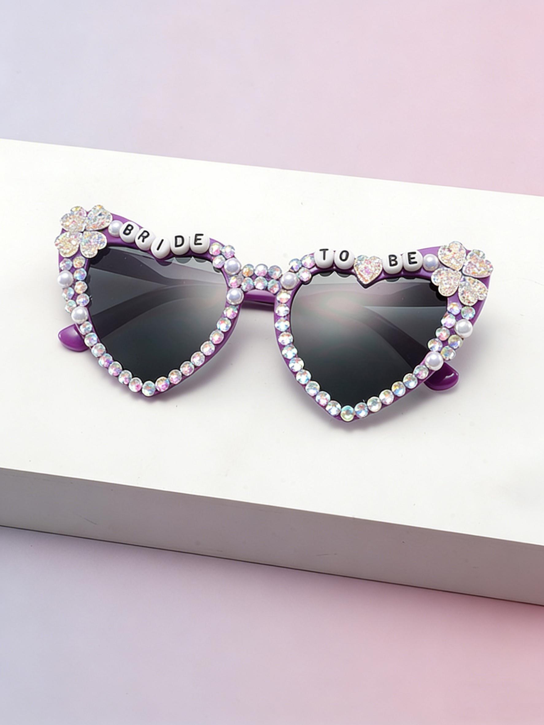 Bride-To-Be Full-Diamond Heart Sunglasses, Pearl Clover Decoration, Pre-Wedding Singles Party Photo Sun Glasses, Elegant Bridal Accessory