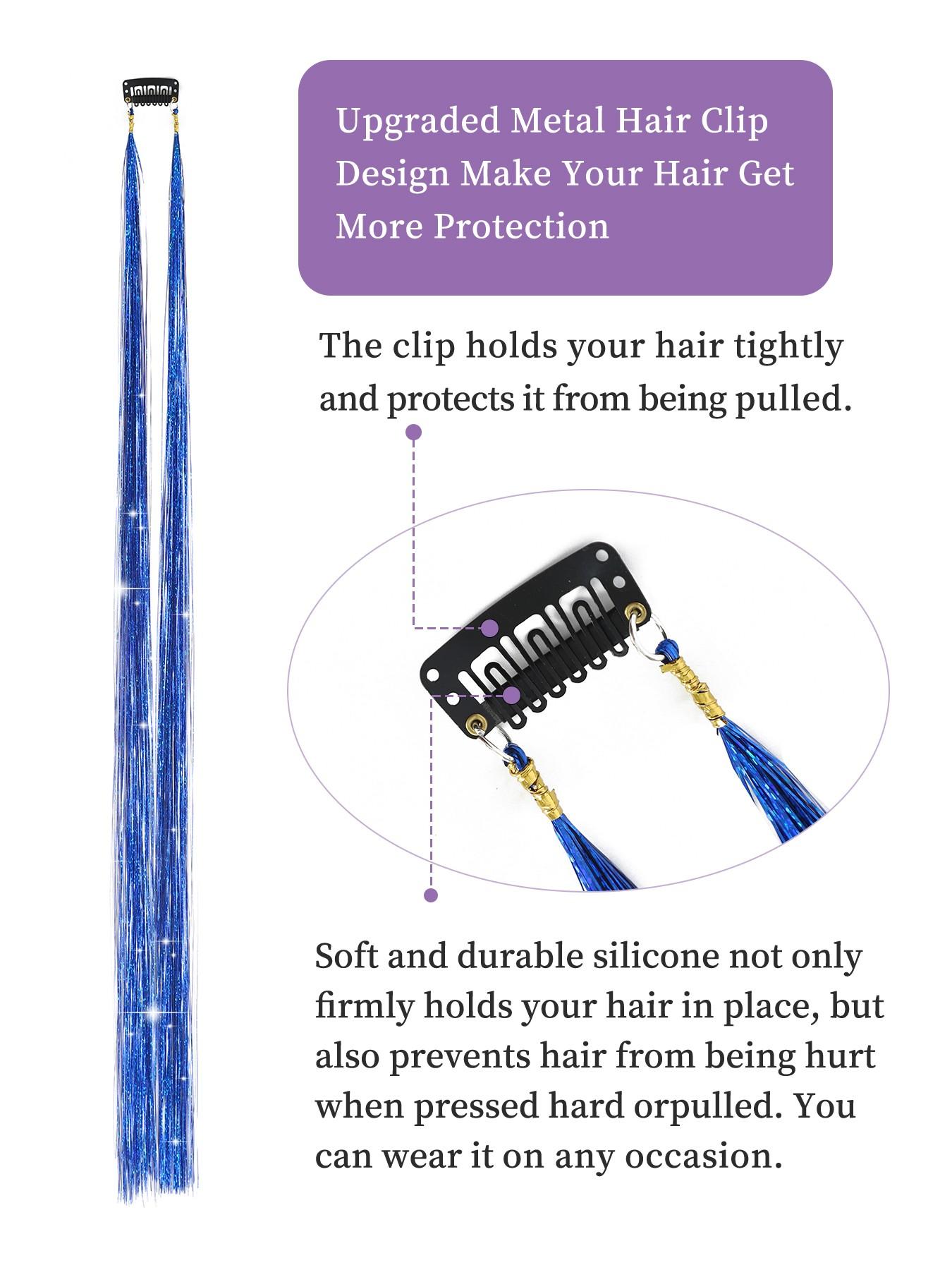 5pcs 24-Inch Royal Blue Flashy Clip-In Synthetic Hair Extensions, Bright Laser Fiber Design, Rainbow Color, Easy Wear, Perfect for Parties and Music Festivals