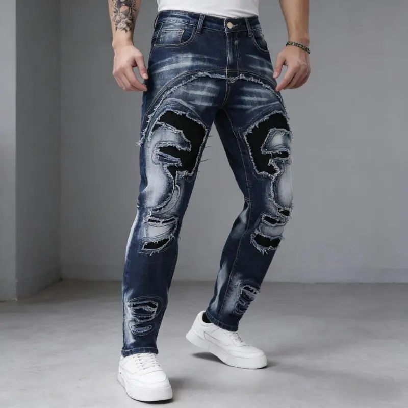 Men's Ripped Biker Jeans, Cotton Blend Distressed Patchwork Slim Fit Denim Pants for Streetwear