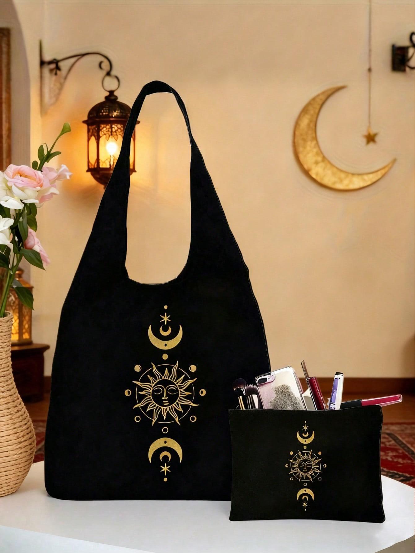 Sun, Moon, Stars Printed Canvas Shoulder Bag, Black Printed Vest Tote Bag and Black Small Bag, Shoulder Tote Bag, Multi-functional Shopping Bag, Commuter Bag, Valentine's Day Gift, Personalized Wedding Bridesmaid Gift Bag, Cosmetic Bag