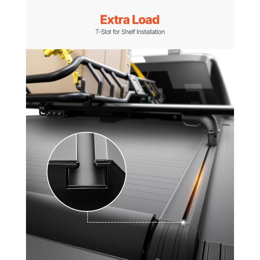VEVOR Retractable Tonneau Cover, 5.5 ft Retractable Tonneau Cover with Built-in Drainage Pipe for 2021-2024 Toyota Tundra Crew Cab w/ Deck Rail System, Hard Tonneau Cover with Double-Lock T-Slot