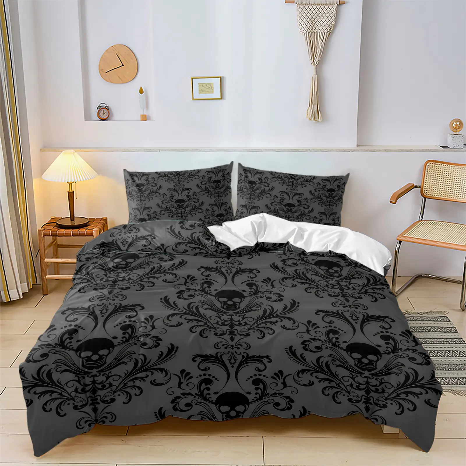 Dark Gothic Skull Themed Print Duvet Cover Set, Includes 1 or 2 Pillowcases,Classic Damask Scroll Baroque Skull Bedding, Breathable Soft All Season, Vintage Dark Punk Bed Set All Size, Decor For Goth Aesthetic Bedroom