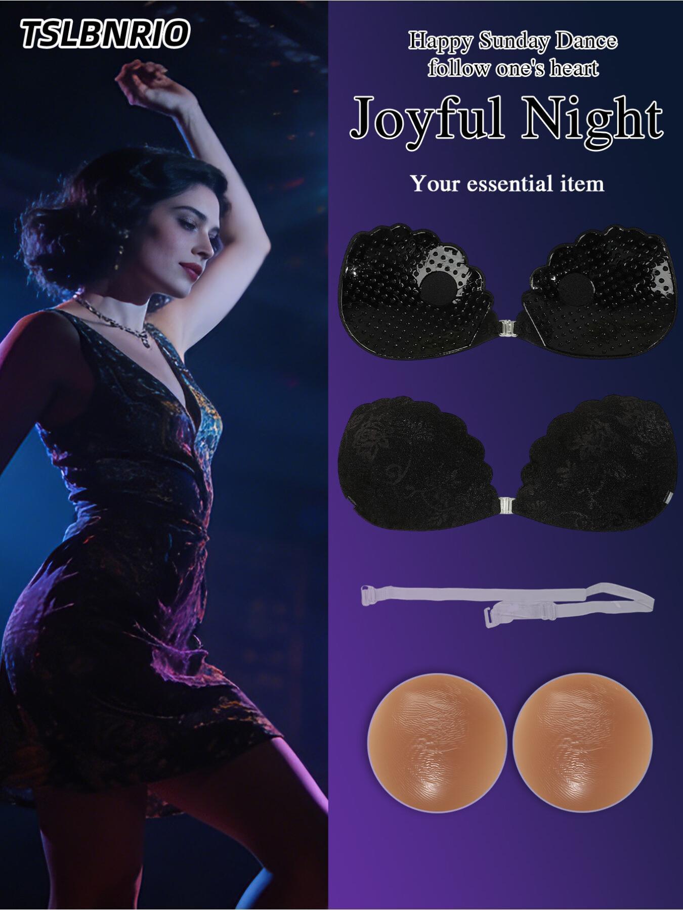 Invisible Adhesive Bra for Women, Ultra-Thin Lace Silicone Sticky Bra with Detachable Clear Straps, Breathable Anti-Nipple Show Pasties, Non-Slip Backless Strapless Bra for Wedding Party Evening Dress