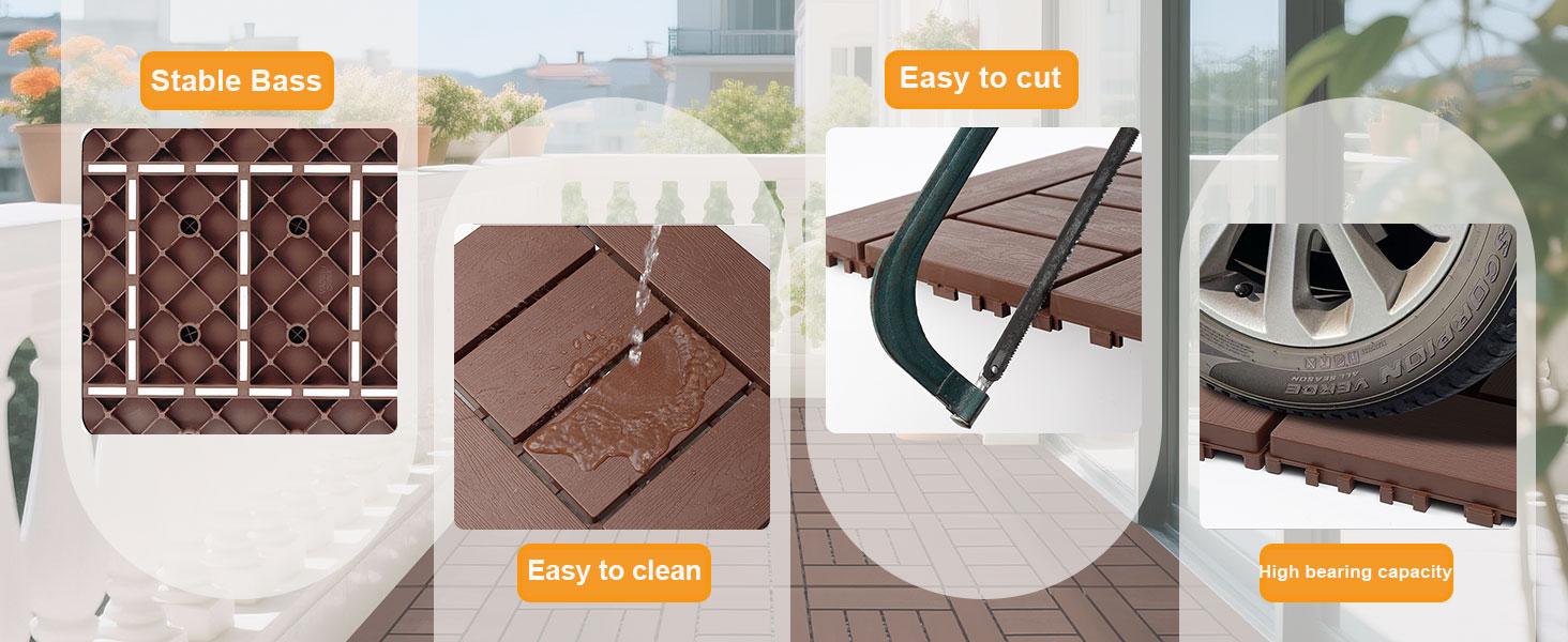 Brown Interlocking Deck Tiles, 44 Pack , 12"x12" Waterproof Outdoor Flooring All Weather Use, Patio Floor Decking Tiles for Porch Poolside Balcony Backyard foam marble wpc frameless shower door Reinforced Garage Screen High Gloss Water-Based Epoxy Paint
