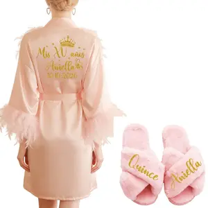 Personalized Feather Bathrobe for Women with Name And Date - Bride Bridesmaid Robe for Birthday Party Gown Mis XV Celebration