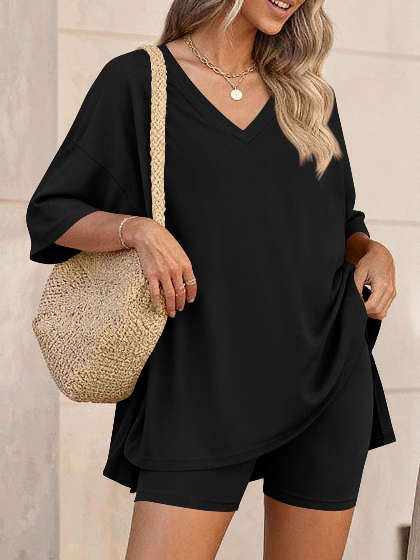 Women's V-Neck 2-Piece Lounge Set Loungewear, Oversized Shirt and Shorts, Spring/Summer Loose-Fit Matching Outfit for Daily Wear