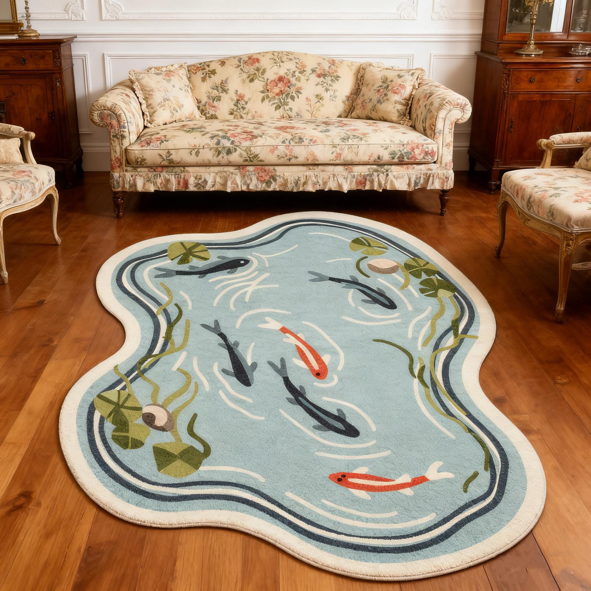 New Oriental Koi Pond Irregular Shape Carpet, Balcony Sunroom Natural Plush Mat, Lotus Leaf Water Grass Fish Pattern Home Decor Non-Slip Thick Rug, Botanical Area Rugs #TOP PICKS